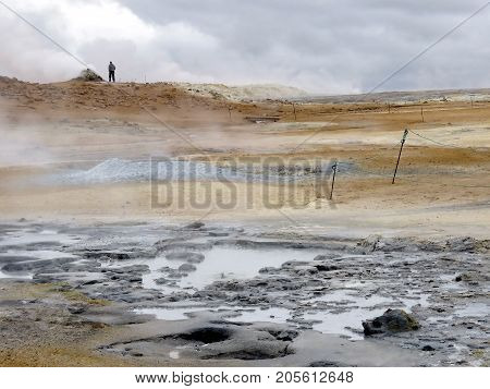 The mudpots in Hverir Geothermal Are in Iceland July 9 2017