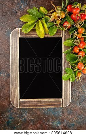 Black chalkboard and dogrose berry Autumn decorations. Top view space for text on the board