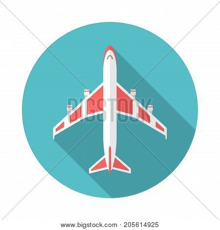Airplane circle icon with long shadow. Flat design style. Airplane simple silhouette. Modern minimalist round icon in stylish colors. Web site page and mobile app design vector element.