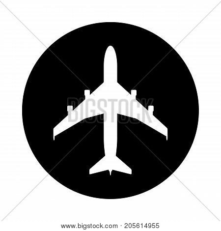 Airplane circle icon. Black round minimalist icon isolated on white background. Airplane simple silhouette. Web site page and mobile app design vector element.