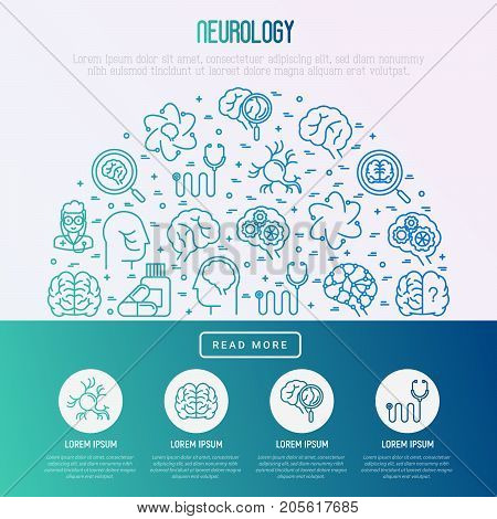 Neurology concept in half circle with thin line icons: brain, neuron, neural connections, neurologist, magnifier. Vector illustration for medical survey or report.