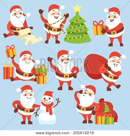 Cartoon cute santa claus character vector set. Symbol of christmas holiday. Set of santa claus cheerful with xmas tree and gifts illustration