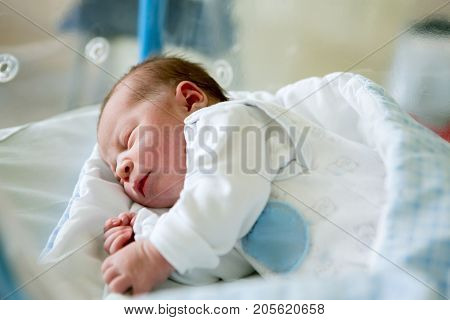 Newborn Baby Laying In Crib In Prenatal Hospital