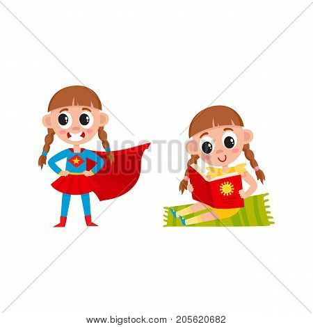 vector flat girl kid doing everyday routine activity set. child sitting at small green carpet reading red book smiling, faving fun in super hero costume . Isolated illustration on a white background.