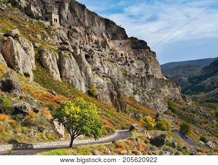 the ancient cave monastery in the mountains of Georgia