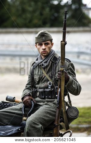 Gryfino Poland 23 september 2017: Historical reconstruction of the battle at Arnhem porter of a German soldier.