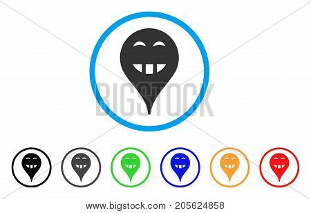 Laugth Smiley Map Marker rounded icon. Style is a flat laugth smiley map marker gray symbol inside light blue circle with black, gray, green, blue, red, orange variants.