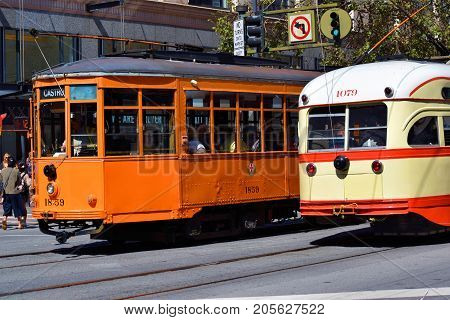 September 19, 2017 in San Francisco, CA:  Railway Street Cars which is part of the local transit system taken in San Francisco, CA where people can ride these historic street cars between the Castro and Fisherman's Warf on Market Street