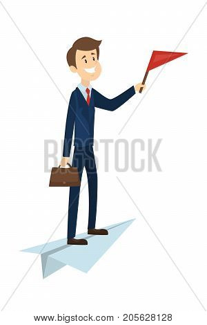 Flying man on the paper plane with red flag.
