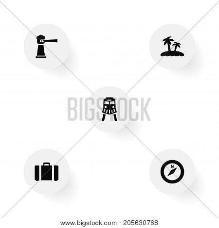 Collection Of Suitcase, Palm, Seamark And Other Elements.  Set Of 5 Relax Icons Set.