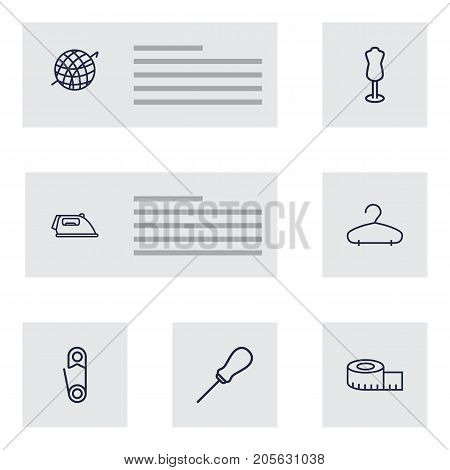 Collection Of Measuring Tape, Hanger, Safety Pin And Other Elements.  Set Of 7 Sewing Outline Icons Set.