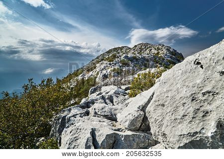 Rocks and peaks in the Mosor massif in the Dinaric mountains in Croatia