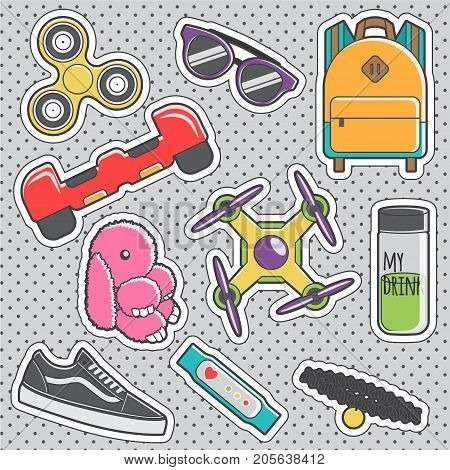 Set of fun trendy vintage sticker fashion badges with teenager fashion hype accessories. Vector illustrations for iron on patches, transfer tottoos, sew on chevron.