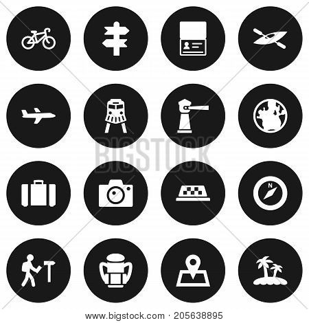 Collection Of Suitcase, Seamark, Palm And Other Elements.  Set Of 16 Journey Icons Set.