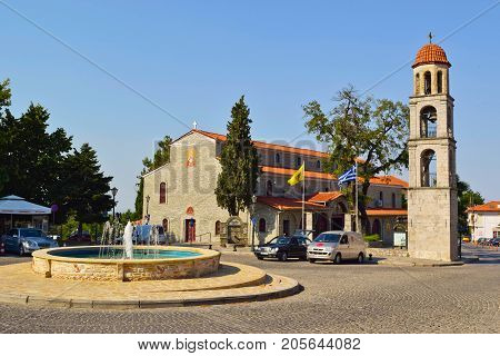 Litochoro Greece - July 12 2017: Fountain in the square of Litochoro foot of Mount Olympus.