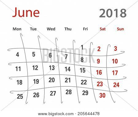 2018 funny original grid June creative calendar template vector illustration. English language.
