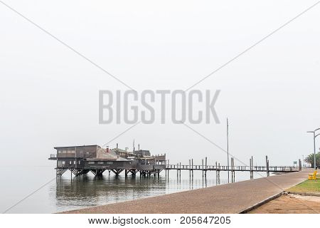 WALVIS BAY NAMIBIA - JULY 1 2017: The Raft Restaurant on the lagoon in Walvis Bay on the Atlantic Coast of Namibia