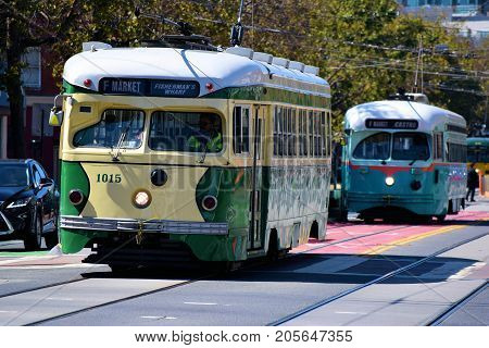 September 19, 2017 in San Francisco, CA:  Historic Railway Street Cars which is part of the local transit system taken in San Francisco, CA where people can commute between the Castro District and Fisherman's Warf on Market Street