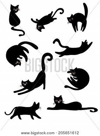 Set of funny cartoon black cats in different poses