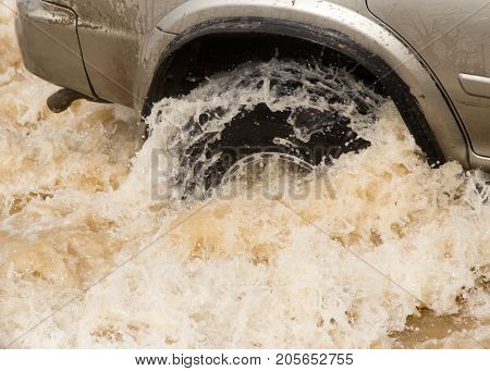 wheel cars in rough water . In the park in nature