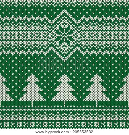 Winter Holiday Seamless Knitted Pattern with a Christmas Trees. Knitting Sweater Design. Wool Knitted Texture