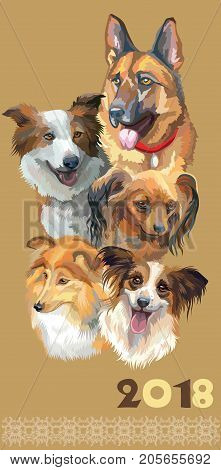 Vertical postcard with dogs of different breeds (german shepherd Sheltie; toy Terrier; papillon; border collie) on beige background. 2018 year of dog.