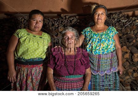January 26 2015 San Pedro la Laguna Guatemala: illustrative editorial featuring generations of Mayan Tzutujil women in traditional clothing