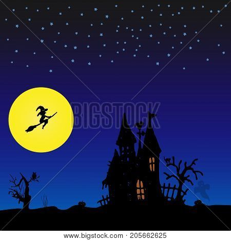Halloween Night Background With Witch And Castle