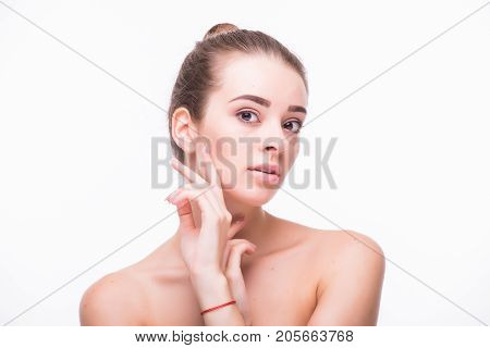 Young Beauty Girl With Healthy Care Beautiful Healthy Clean Skin And Hand Touching Face Isolated