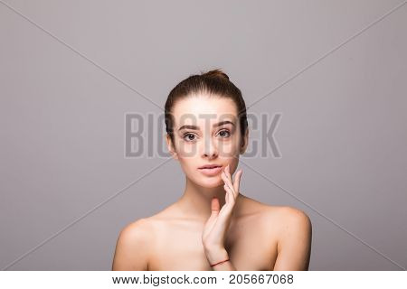 Studio Portrait Of A Beautiful Young Woman With Brown Hair. Pretty Model Girl With Perfect Fresh Cle