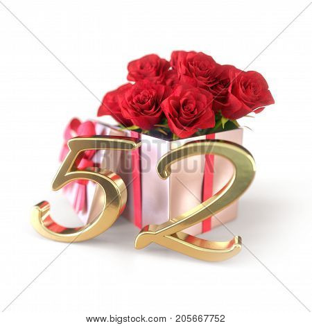 birthday concept with red roses in gift isolated on white background. 3D render - fifty-second birthday. 52nd