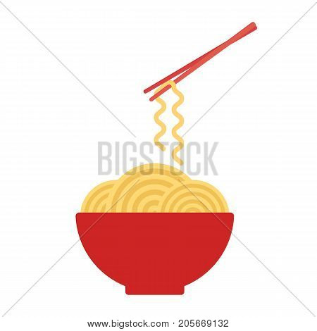 Bowl with ramen noodles. Chopsticks holding noodle. Korean Japanese Chinese food. Vector illustration