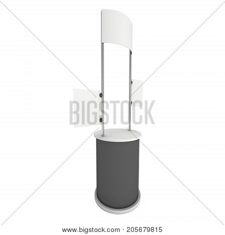 Stall or Kiosk Modern Promostand Reception Desk. Trade show booth white and blank. 3d render illustration isolated on white background. Template mockup for your expo design.