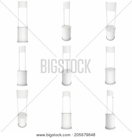 Stall or Kiosk Modern Promostand Reception Desk Set. Trade show booth white and blank. 3d render illustration isolated on white background. Template mockup for your expo design.