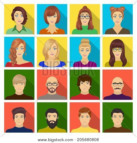 Appearance of the girl in glasses, a guy with a hairdo, a bald man with a beard and other varieties of face. Faces and appearance set collection icons in flat style vector symbol stock illustration .