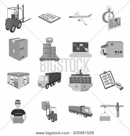 Forklift, cargo plane, goods, documents and other items in the delivery and transportation. Logistics and delivery set collection icons in monochrome style isometric vector symbol stock illustration .