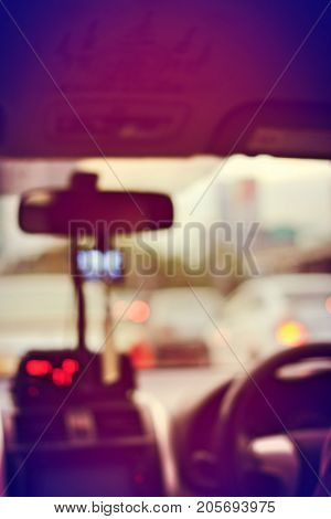 The Scene Of The View From The Taxi Car With Taxi Meter Display In Bangkok, Thailand