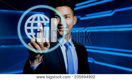 businessman touch globalbusiness icon on the blue background
