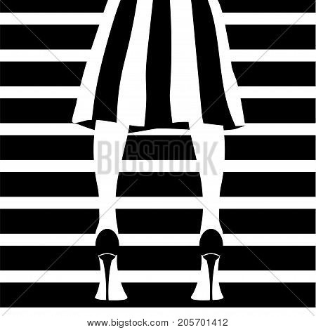 Woman's legs in a stripped skirt wearing high heels. Stock vector illustration of fashionable woman in trendy clothes and shoes in glamour vogue style.