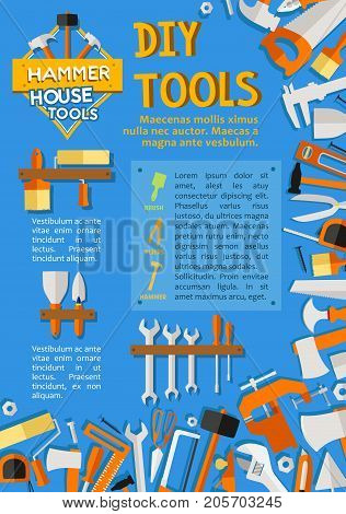 House construction or home repair poster of work tools for woodwork, carpentry and house renovation or decor design. Vector DIY handyman toolbox of grinder, hammer or plaster trowel and paint brush