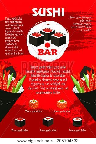 Sushi bar red poster template for Japanese restaurant or Asian cuisine menu. Vector fish sushi rolls, tuna sashimi or eel unagi maki and Philadelphia with salmon, rice and seaweed nori or caviar