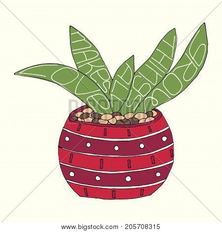 Love makes all things grow lettering. Stock vector illustration of hand drawn phrase in a shape of succulent plant in a pot. Cute colorful style