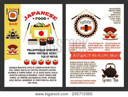 Japanese food or sushi reataurant posters templates set for menu. Vector Asian cuisine design of fish sushi rolls, tuna sashimi or eel unagi maki and rice, chopsticks and green tea pot