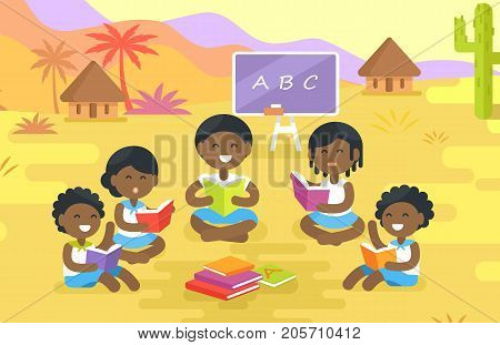 African children read and sit in circle with blackboard and chalk behind outdoor in village with small houses vector illustration.