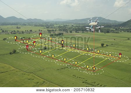 smart farming concept drone use a technology in agriculture with artificial intelligence to measure the area photographer and fly follow the line and send the data back to farmer in cloud system