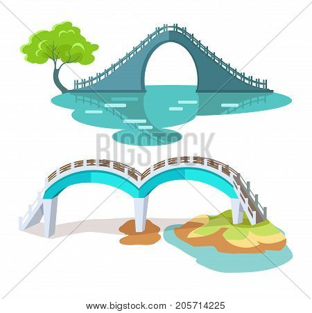 Bridges in Taiwanese style isolated on white vector flat illustration. Two architectural constructions for crossing rivers or lakes in round shape with stair and handles, with and without columns