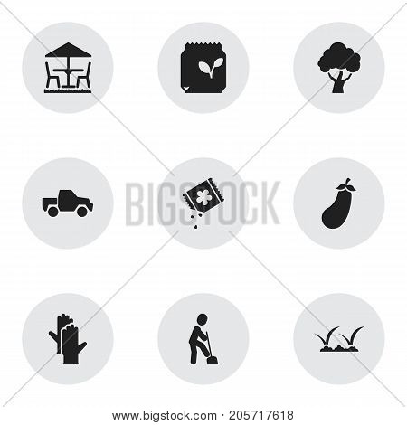 Set Of 9 Editable Gardening Icons. Includes Symbols Such As Seeds Packet, Ground Shoveling, Lawn And More