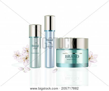 Body care set Vector realistic mock up. Hydration cream and lotion bottles with logo. Perfect for advertising, flyer, banner, poster. 3d illustration
