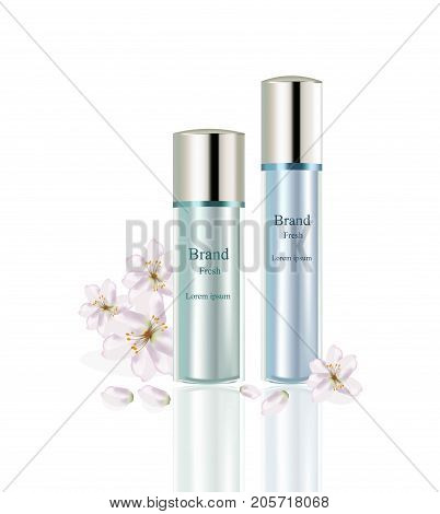 Lotion Cosmetics set Vector realistic mock up. Green package Hydration product bottle and flowers decor. Perfect for advertising, flyer, banner, poster. 3d illustrations