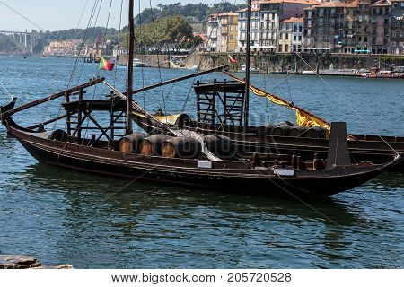 Traditional Rabelo Boats on the Bank of the River Douro - Porto Portugal